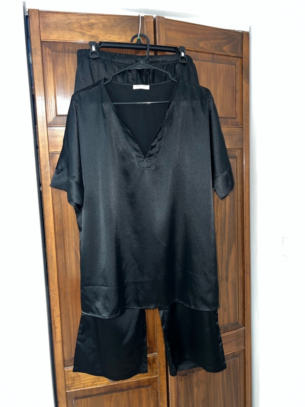 Satin Lounge Sets- V-Neck Top & Wide Leg Pants -Lot of 2 sets Black & Army Green